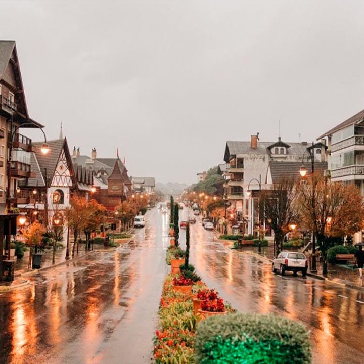 Imagem de uma rua charmosa com calçadas pavimentadas, árvores decorativas e casas de estilo europeu em um dia chuvoso, criando uma atmosfera aconchegante e urbana.